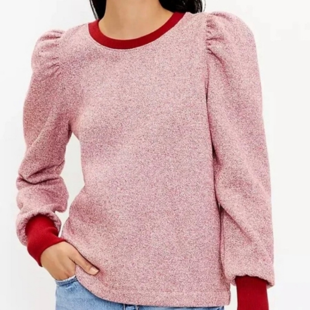 LOFT Sweatshirt Puff Sleeve Ribbed Cuffs Plus size XXL Red Marled